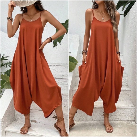 Boho Rust Orange Pocket Harem Leg Cami Jumpsuit